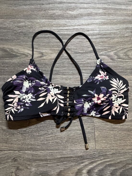 Ambrielle Other - Ambrielle Floral Lace Up Front Bikini Top Medium Black Purple Adjustable Swimwea